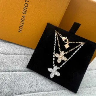 Colar Louis Vuitton Floral Pavé Ouro e Prata Dupla Camada