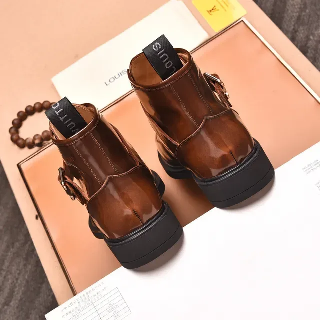 Louis Vuitton Glossy Brown Buckle Strap Ankle Boots 2