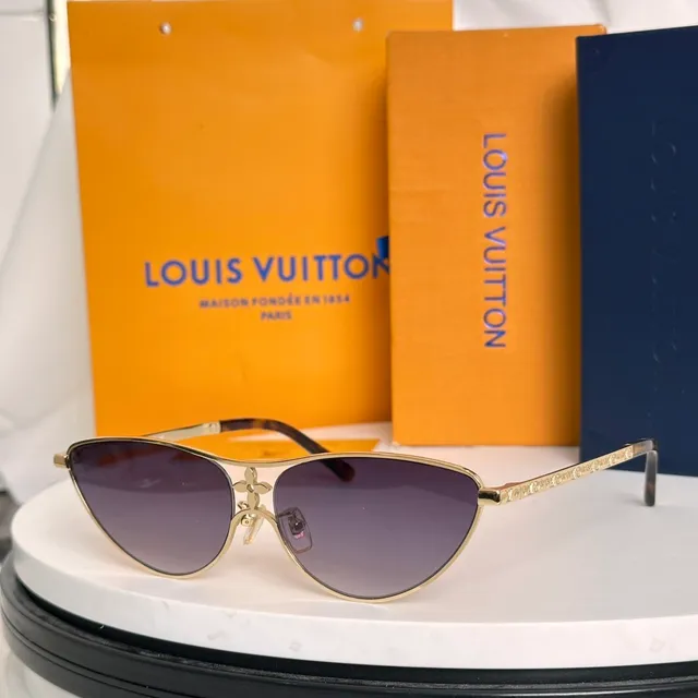 Louis Vuitton نظارات شمسية ذهبية زرقاء كات آي هيكل مونوغرام عدسات 5
