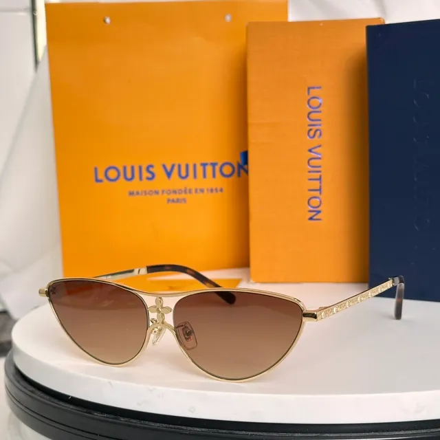 Louis Vuitton نظارات شمسية ذهبية زرقاء كات آي هيكل مونوغرام عدسات 6