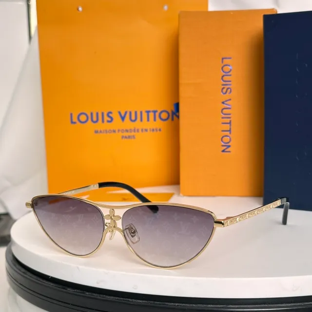 Louis Vuitton نظارات شمسية ذهبية زرقاء كات آي هيكل مونوغرام عدسات 7