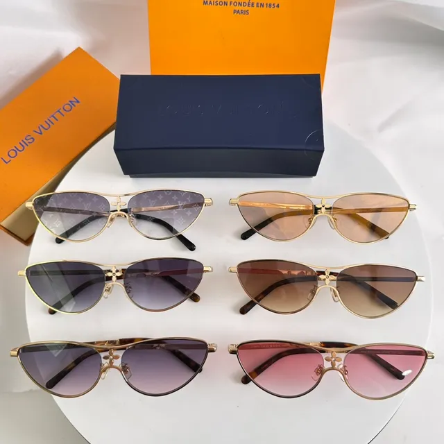 Louis Vuitton نظارات شمسية ذهبية زرقاء كات آي هيكل مونوغرام عدسات 9
