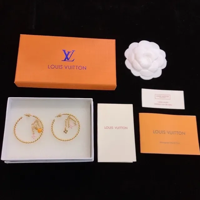 Louis Vuitton Gold Orange Twisted Rope Hoop Dangling Charms Earrings 7