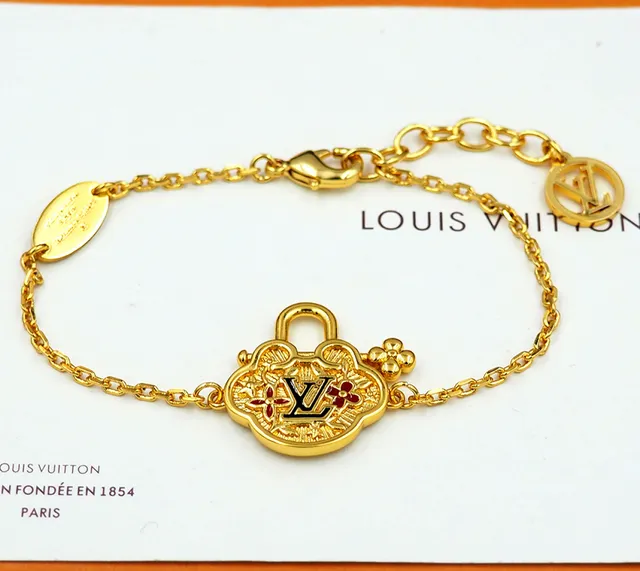Louis Vuitton Cadena Dorada Roja Cuatrohojas Cerradura Encanto Pulsera 2