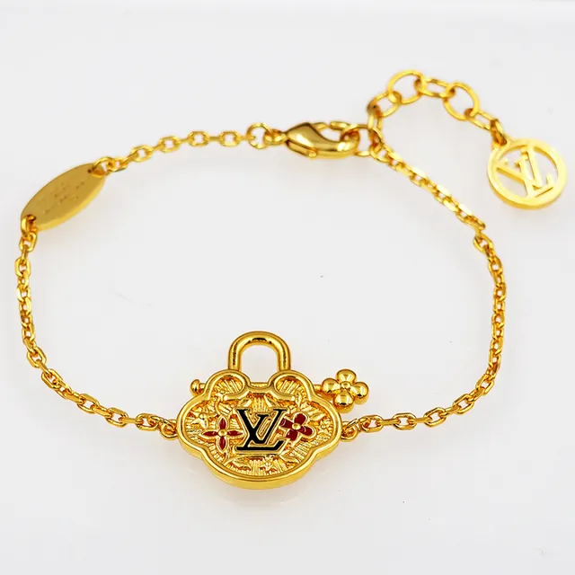 Louis Vuitton Cadena Dorada Roja Cuatrohojas Cerradura Encanto Pulsera 4