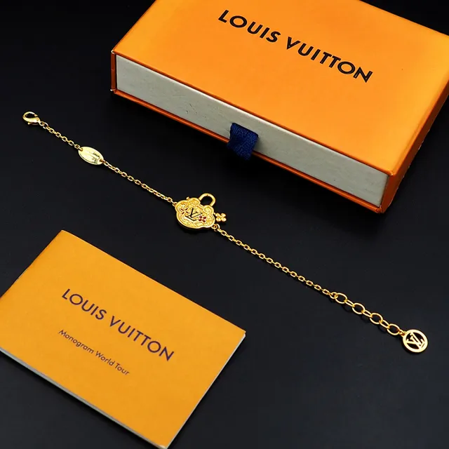 Louis Vuitton Cadena Dorada Roja Cuatrohojas Cerradura Encanto Pulsera 5