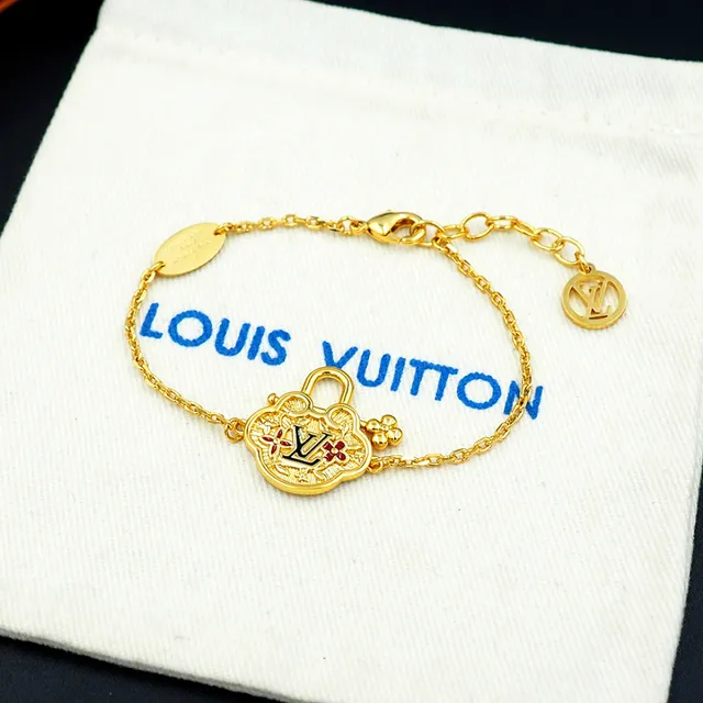 Louis Vuitton Cadena Dorada Roja Cuatrohojas Cerradura Encanto Pulsera 6