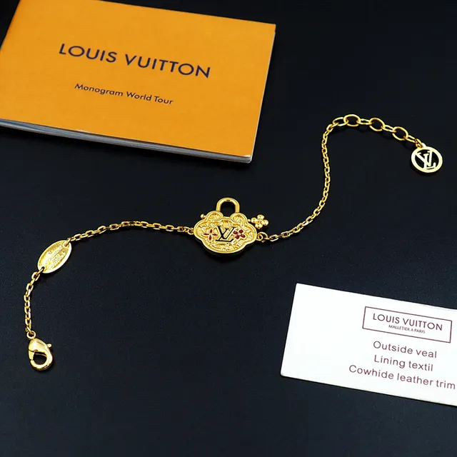 Louis Vuitton Cadena Dorada Roja Cuatrohojas Cerradura Encanto Pulsera 8