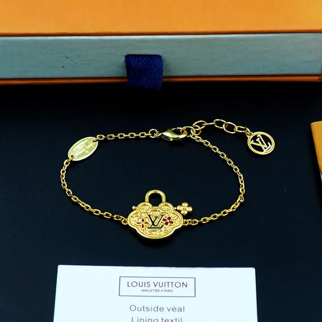 Louis Vuitton Cadena Dorada Roja Cuatrohojas Cerradura Encanto Pulsera 9