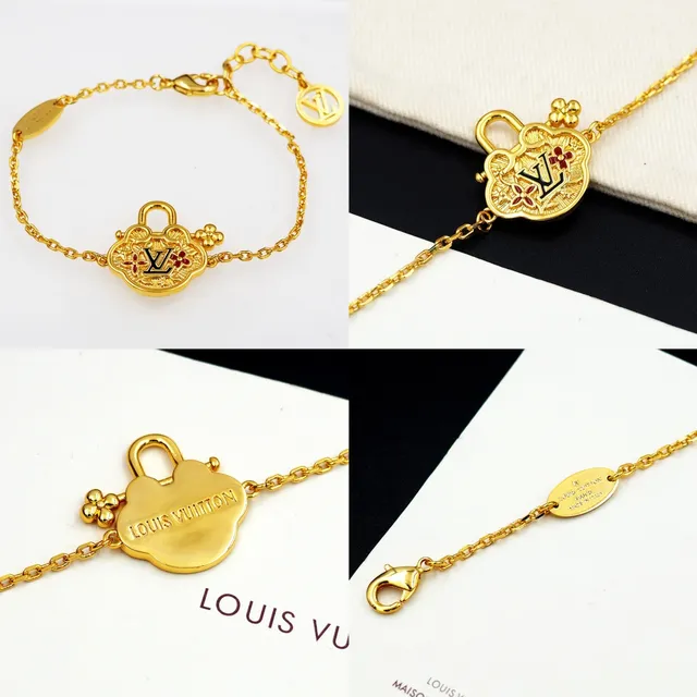 Louis Vuitton Cadena Dorada Roja Cuatrohojas Cerradura Encanto Pulsera 12