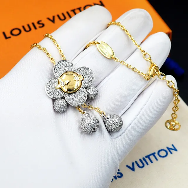 Louis Vuitton colar com pingente em forma de flor pavé-set com esferas de cristal em ouro e prata 5