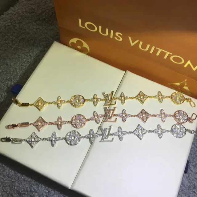 Bracelete Louis Vuitton Ouro e Prata Pavé-Crystal Monogram-Link 7