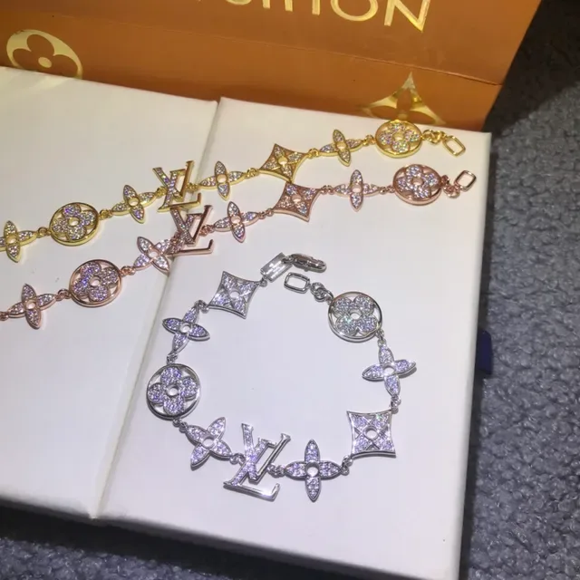 Bracelete Louis Vuitton Ouro e Prata Pavé-Crystal Monogram-Link 8
