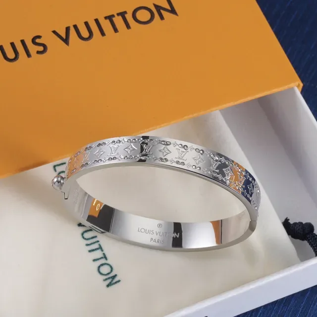 Louis Vuitton Gold Silver Rigid Hinged Bangle Monogram-Engraved Bracelet 7