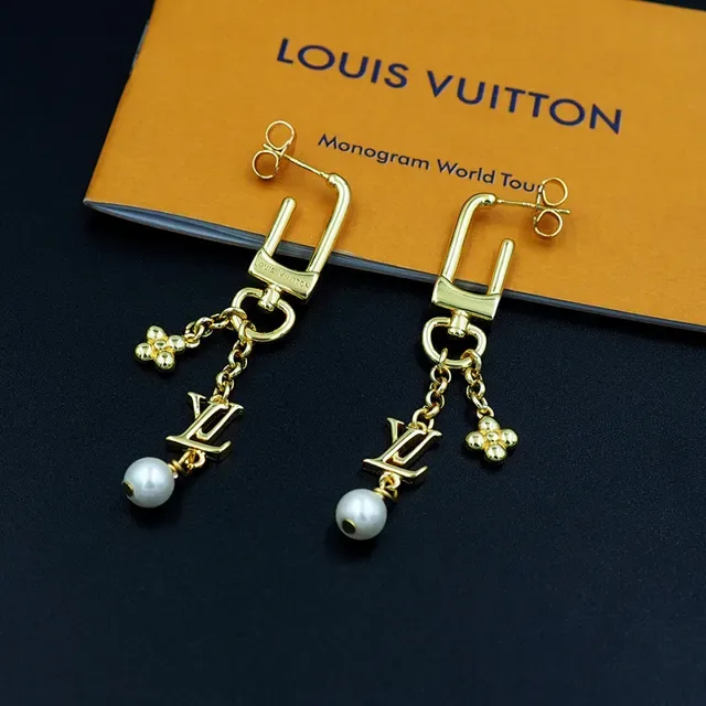 Louis Vuitton Gold-Tone LV Monogram Pearl Drop Earrings 6