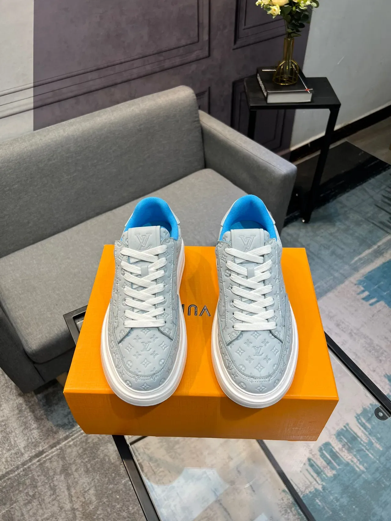 Louis Vuitton Gray Blue Monogram-Embossed Leather Low-Top Platform Lifestyle Sneakers 2