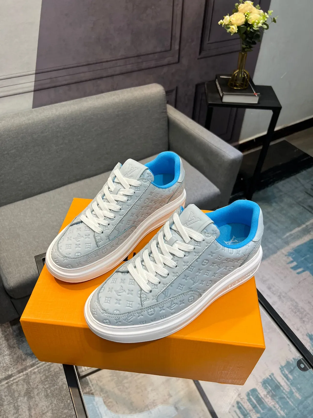 Louis Vuitton Gray Blue Monogram-Embossed Leather Low-Top Platform Lifestyle Sneakers 3