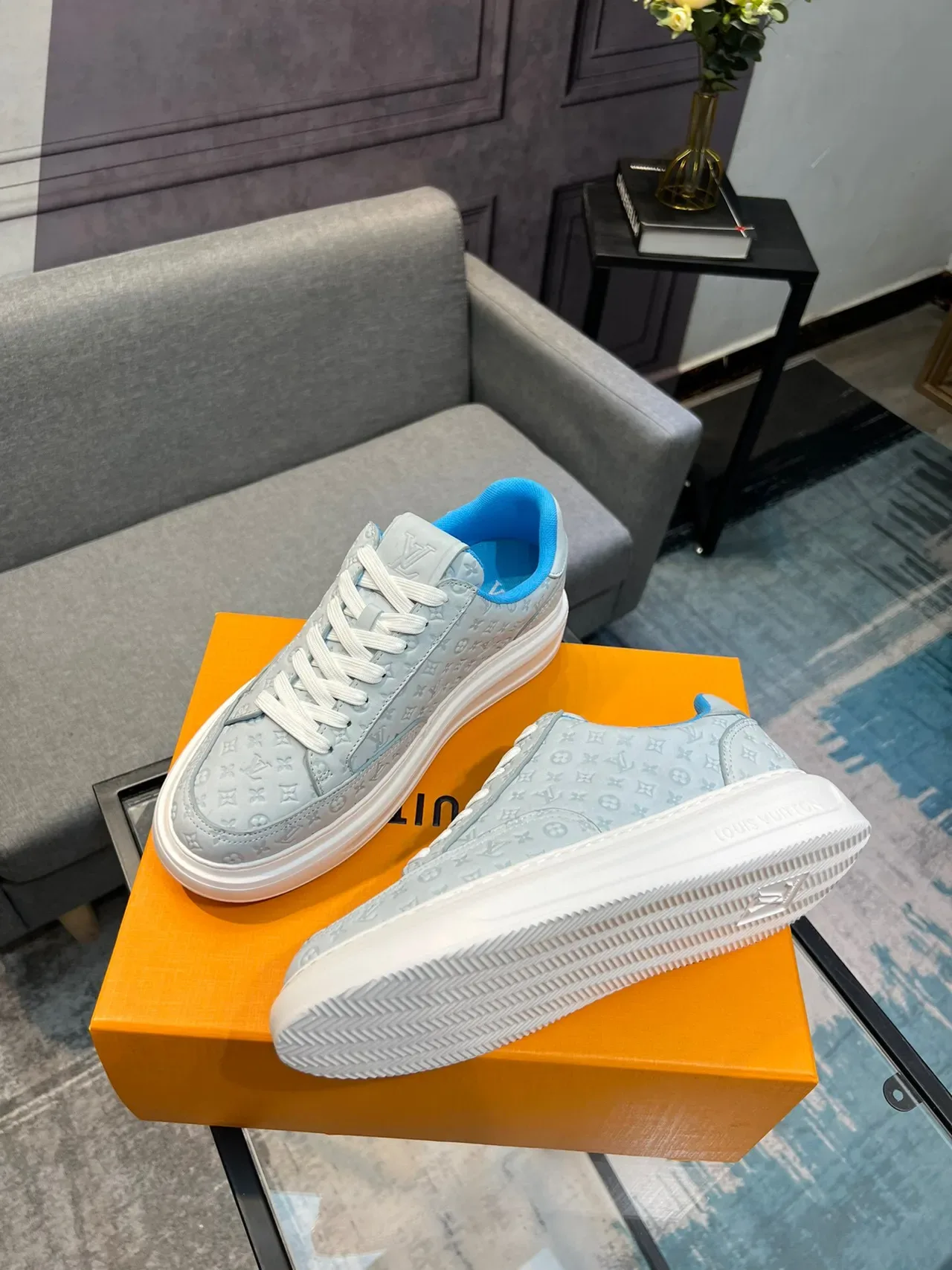 Louis Vuitton Gray Blue Monogram-Embossed Leather Low-Top Platform Lifestyle Sneakers 4