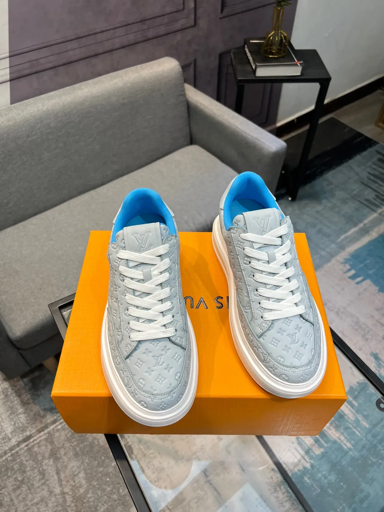 Louis Vuitton Gray Blue Monogram-Embossed Leather Low-Top Platform Lifestyle Sneakers 5
