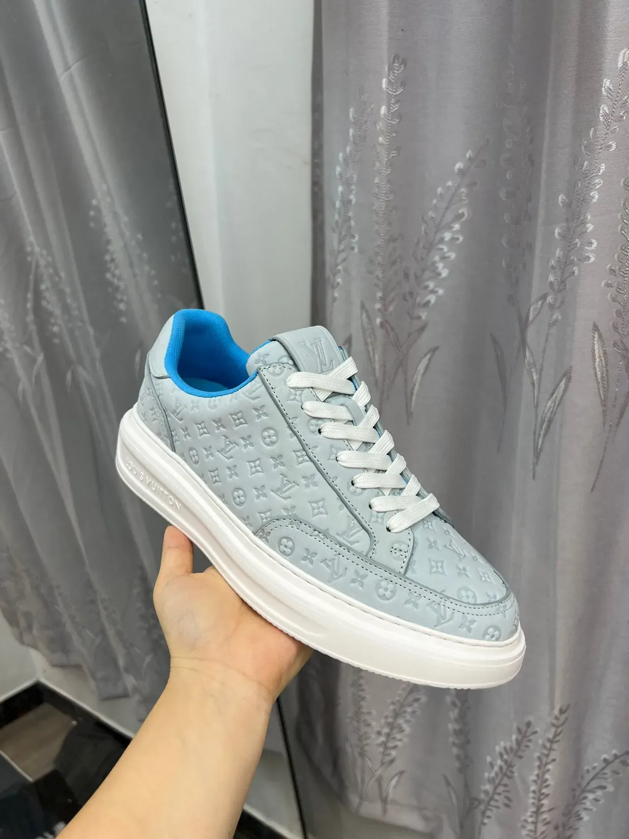 Louis Vuitton Gray Blue Monogram-Embossed Leather Low-Top Platform Lifestyle Sneakers 6