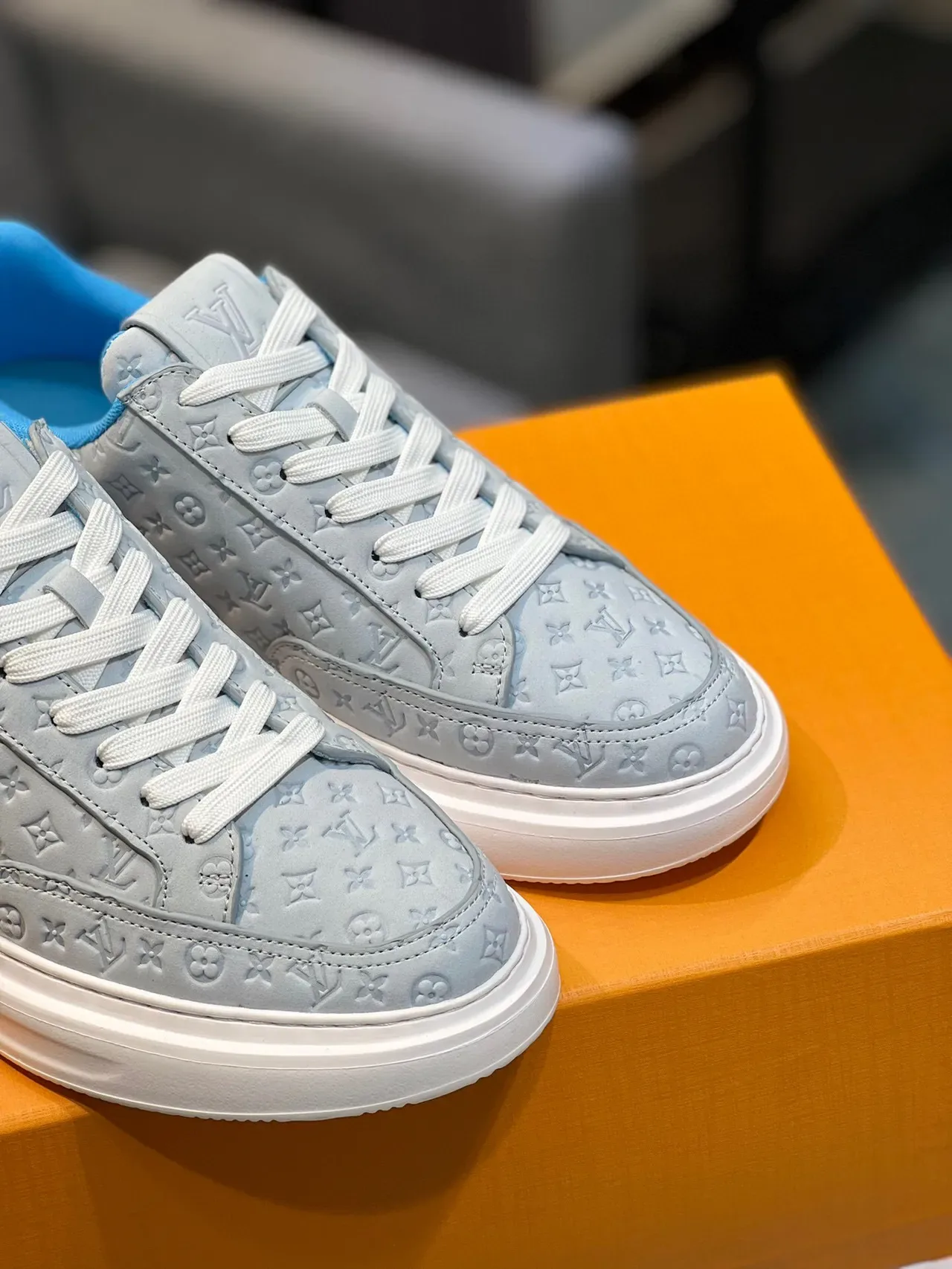 Louis Vuitton Gray Blue Monogram-Embossed Leather Low-Top Platform Lifestyle Sneakers 9