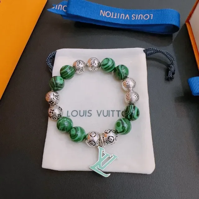 Louis Vuitton Green Silver Beaded Malachite Bracelet 8