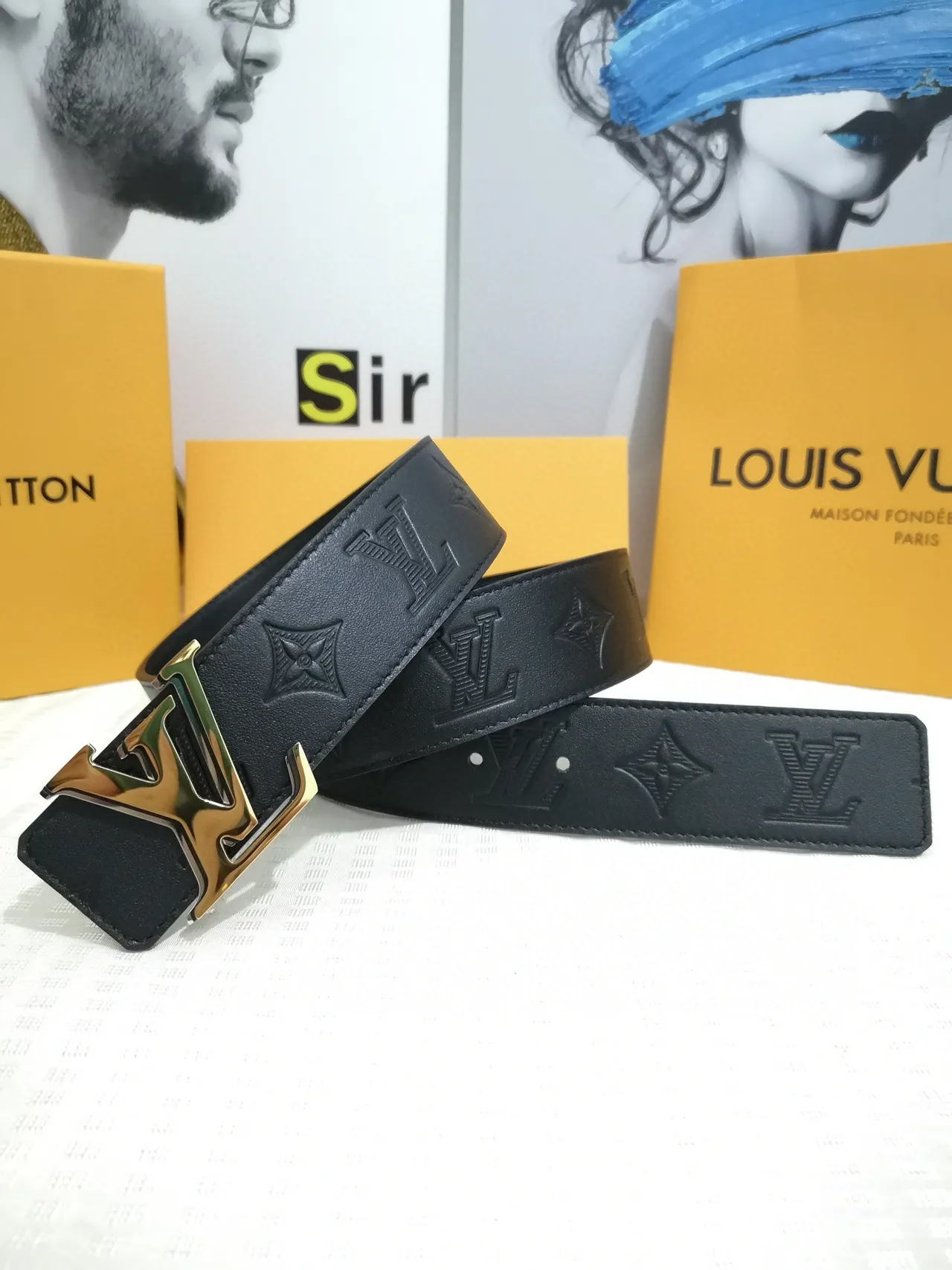 Louis Vuitton Initiales Black Gold Embossed Monogram LV Buckle Leather Belt 2