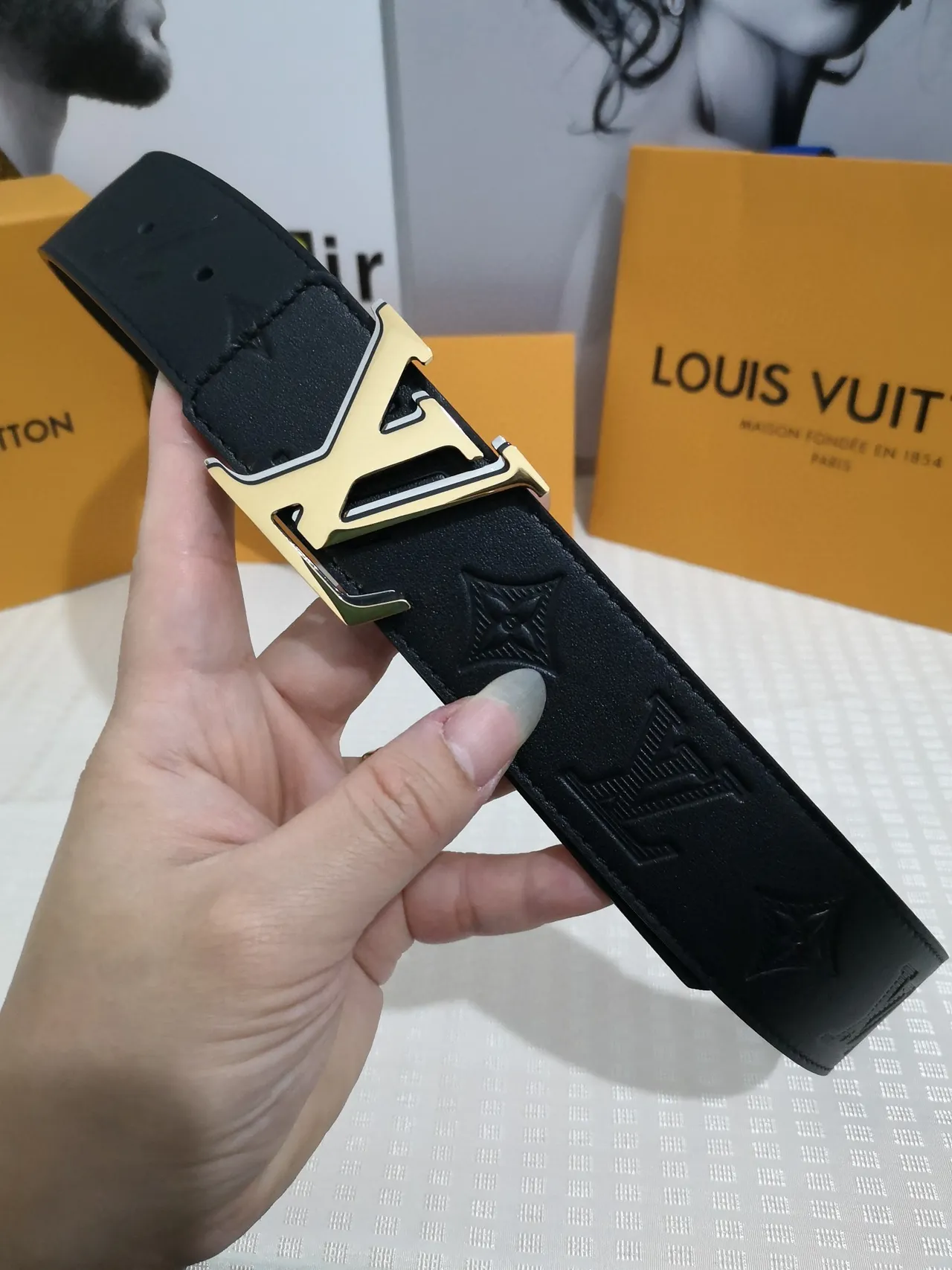 Louis Vuitton Initiales Black Gold Embossed Monogram LV Buckle Leather Belt 9