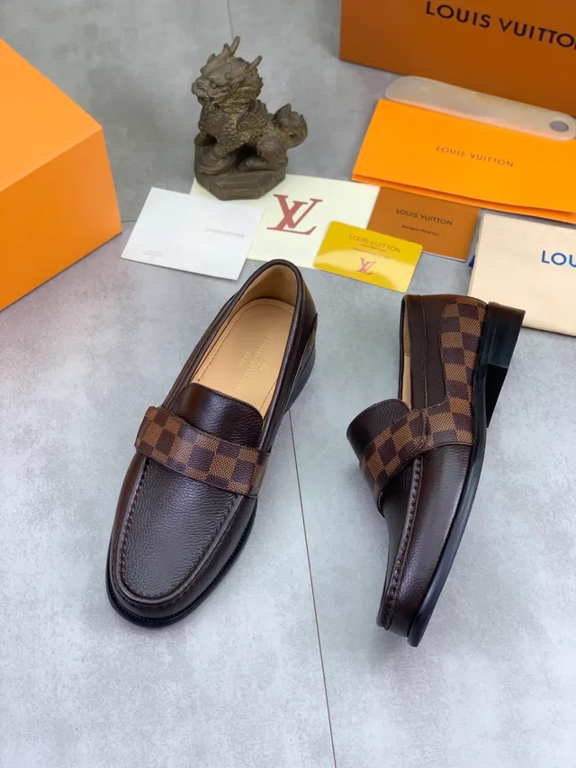 Louis Vuitton Loafer Brown Beige Pebbled Leather Damier Check Strap Loafer 5