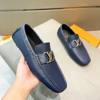 Louis Vuitton নেভি লেদার মোনোগ্রাম স্ট্র্যাপ গোল্ড বাকেল লোফার