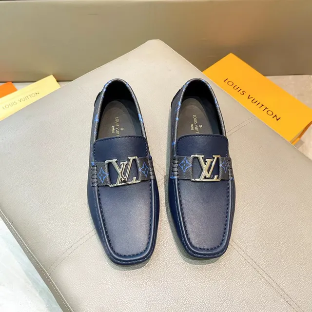 Louis Vuitton Loafer Navy Leather Monogram Strap Gold Buckle Loafers 2