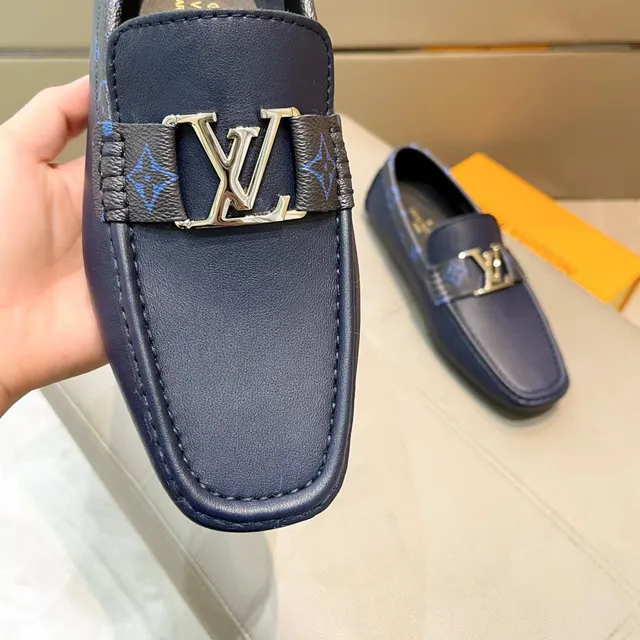 Louis Vuitton Loafer Navy Leather Monogram Strap Gold Buckle Loafers 6