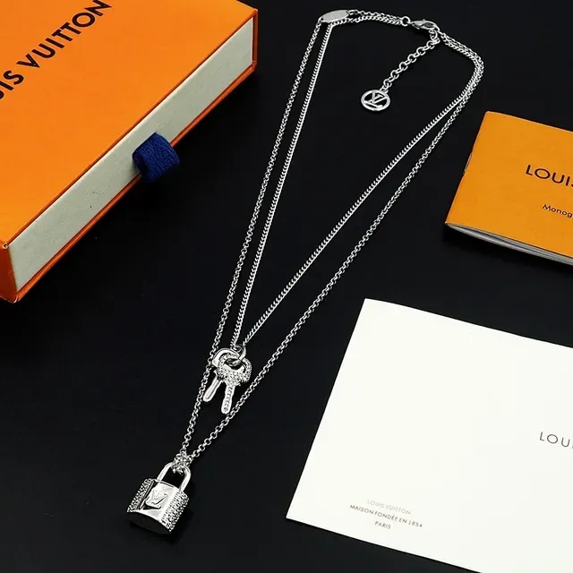 Louis Vuitton Lock & Key Crystal-Encrusted Padlock and Key Layered Chain Necklaces 7