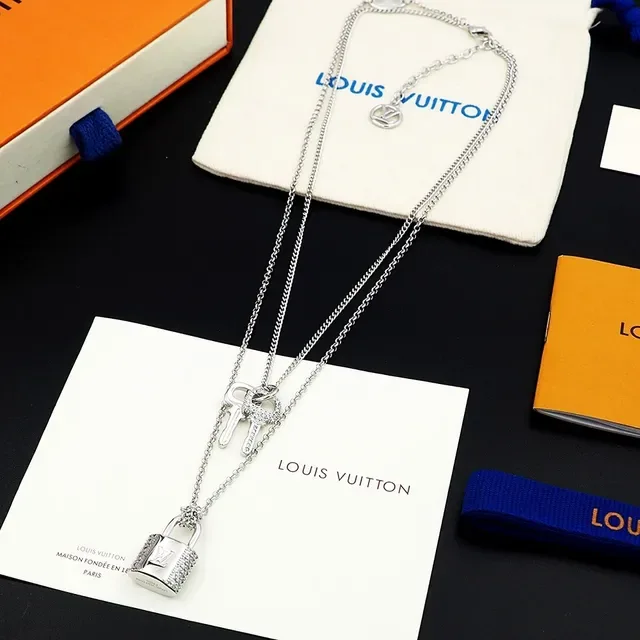 Louis Vuitton Lock & Key Crystal-Encrusted Padlock and Key Layered Chain Necklaces 9