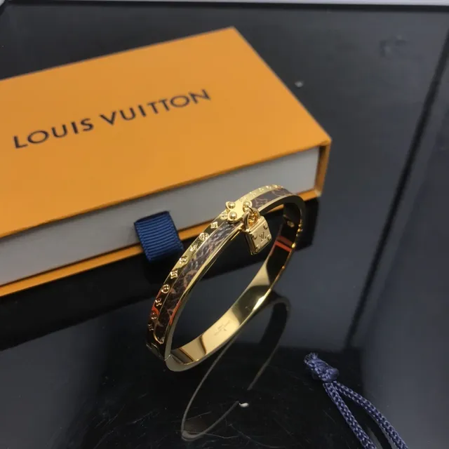 Louis Vuitton Lockit Monogram Engraved Gold-Tone Leather Inlay Bracelet 2