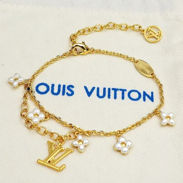 Louis Vuitton LV Flower Charm Bracelet Gold White Chain Pearl Charms Bracelet 5