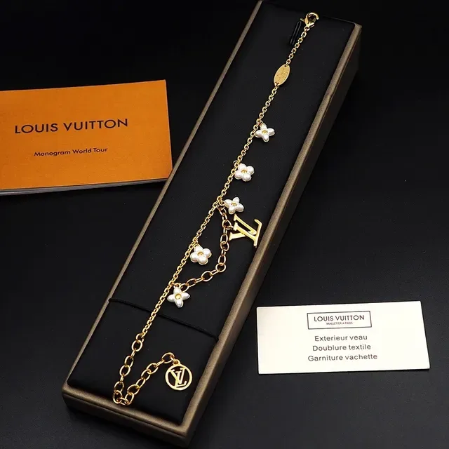 Louis Vuitton LV Flower Charm Bracelet Gold White Chain Pearl Charms Bracelet 7