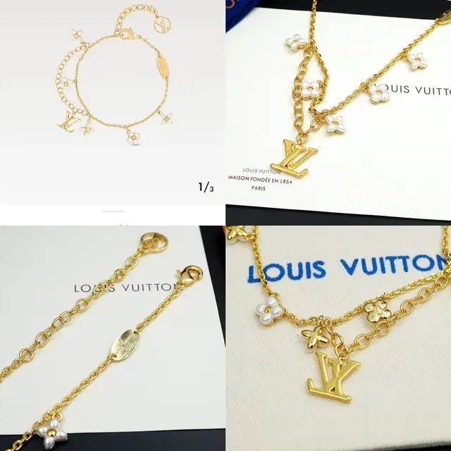 Louis Vuitton LV Flower Charm Bracelet Gold White Chain Pearl Charms Bracelet 8