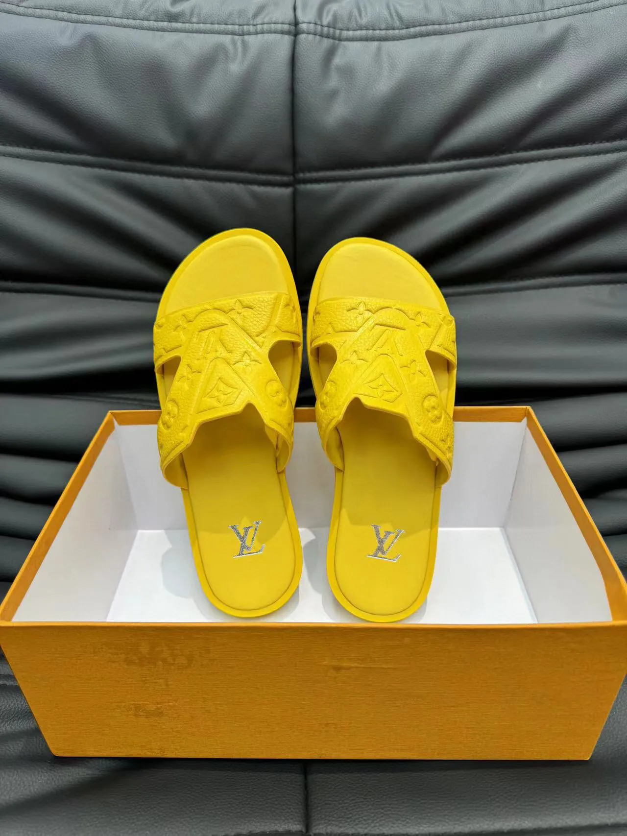 Louis Vuitton LV Slide Yellow Monogram Embossed Rubber Slippers 5