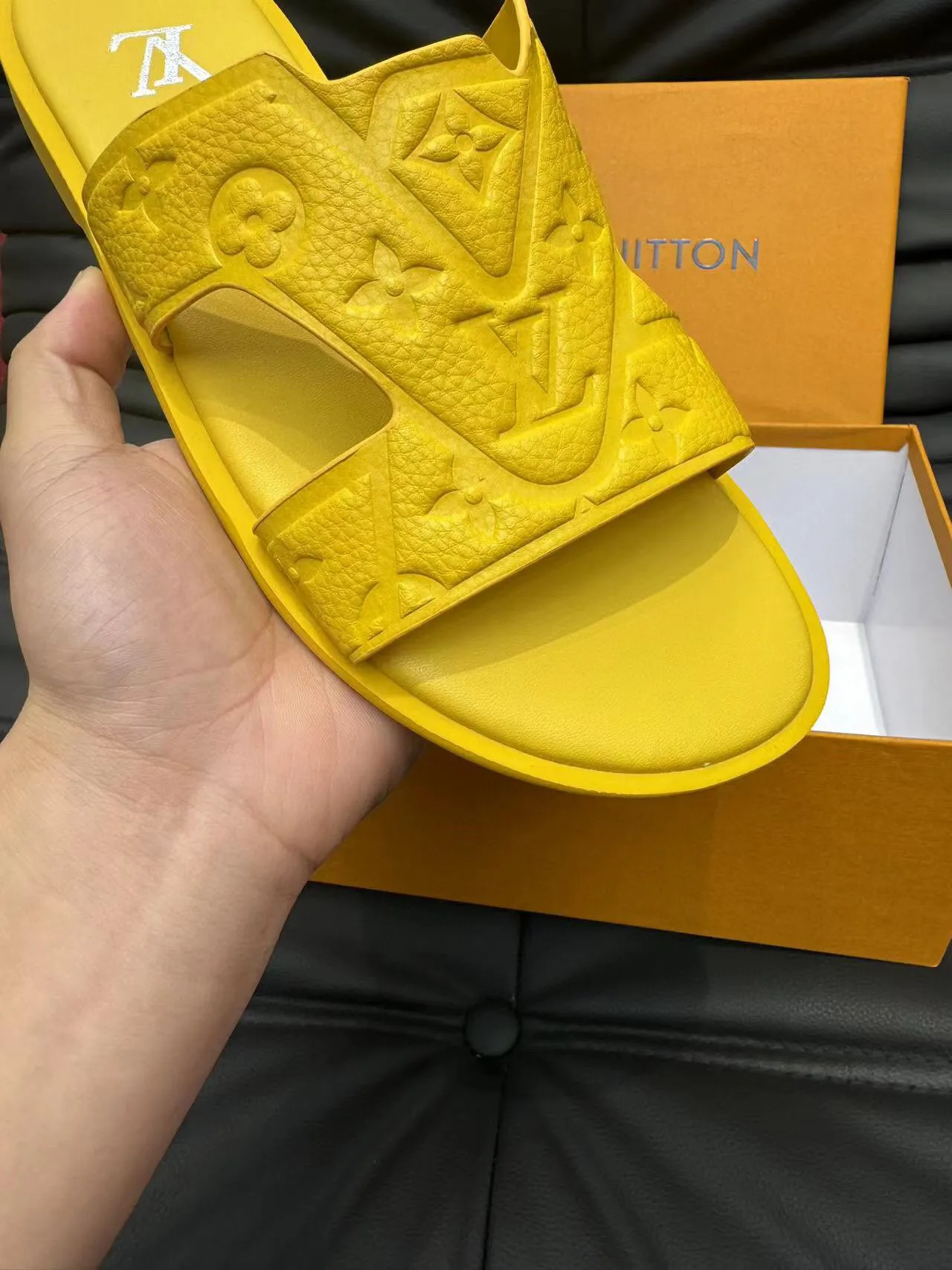 Louis Vuitton LV Slide Yellow Monogram Embossed Rubber Slippers 7