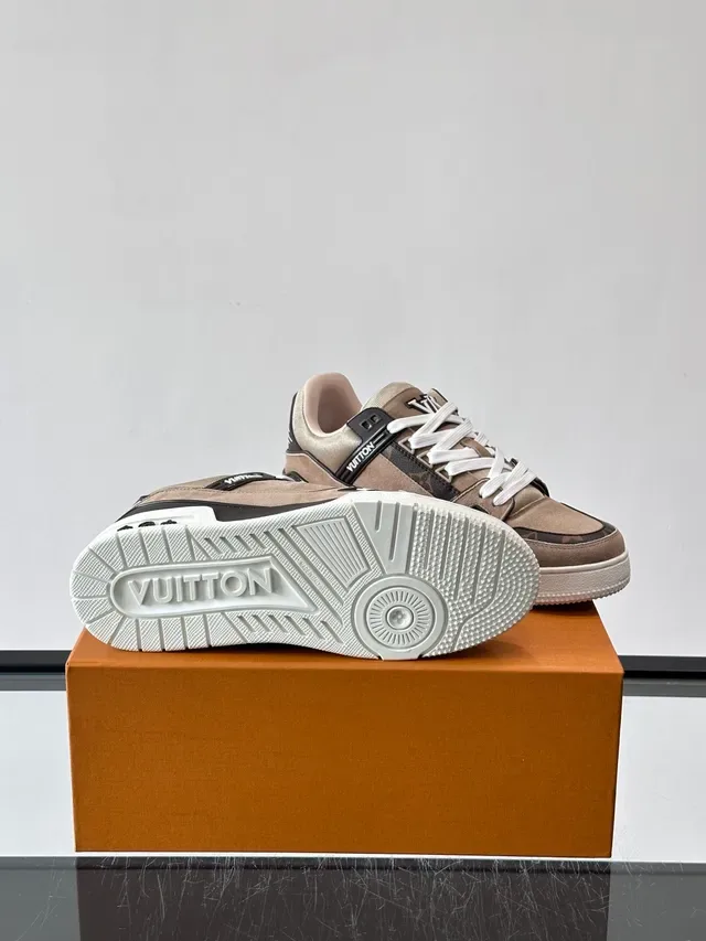 Louis Vuitton LV Trainer Beige Black Monogram Canvas Suede Overlay Lifestyle Sneakers 2