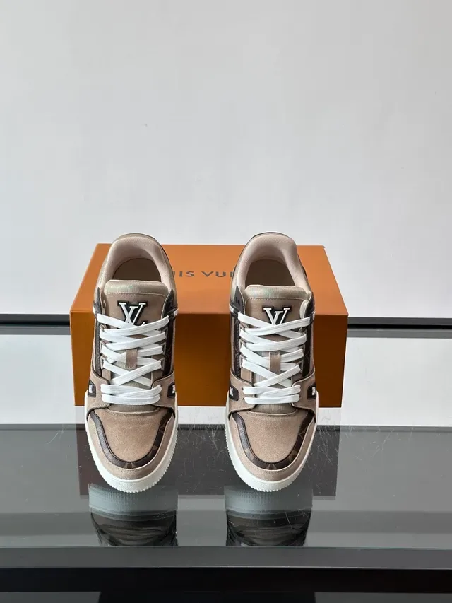 Louis Vuitton LV Trainer Beige Black Monogram Canvas Suede Overlay Lifestyle Sneakers 4
