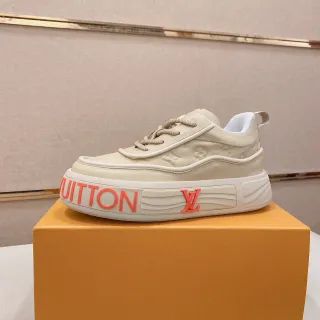 Louis Vuitton LV Trainer Beige Orange Monogram Leather Upper Sculpted Platform Sole Lifestyle Sneakers