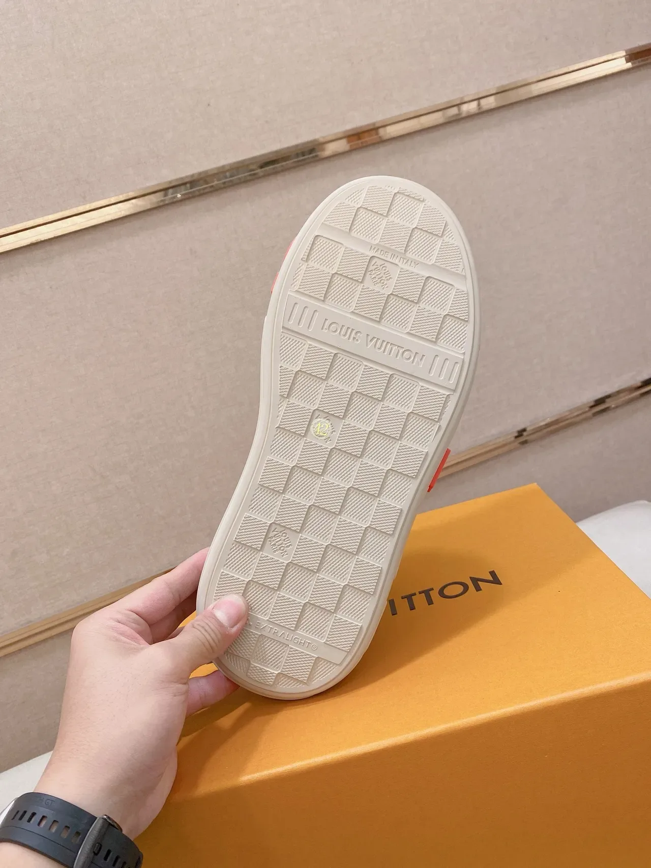 Louis Vuitton LV Trainer Beige Orange Monogram Leather Upper Sculpted Platform Sole Lifestyle Sneakers 2