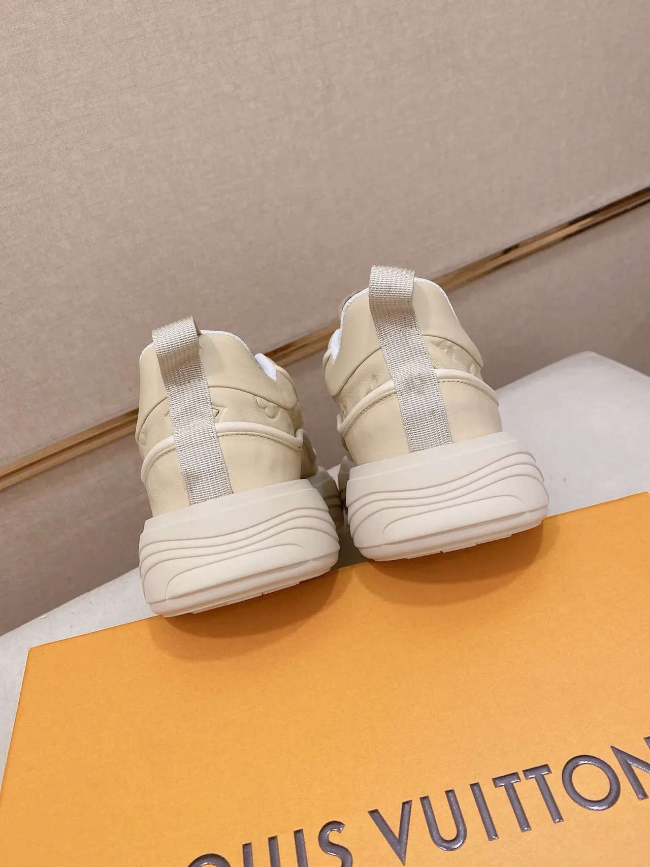 Louis Vuitton LV Trainer Beige Orange Monogram Leather Upper Sculpted Platform Sole Lifestyle Sneakers 3