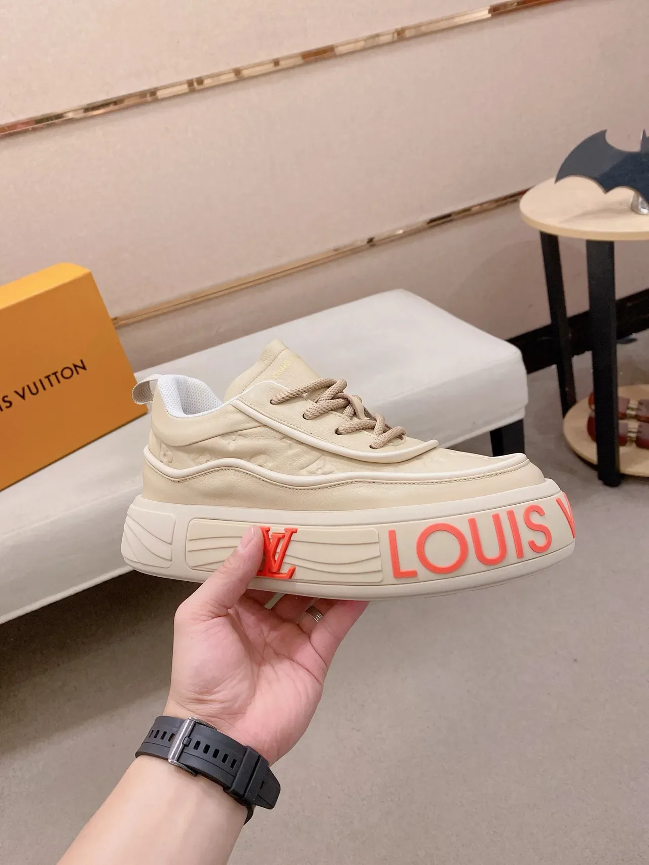 Louis Vuitton LV Trainer Beige Orange Monogram Leather Upper Sculpted Platform Sole Lifestyle Sneakers 4