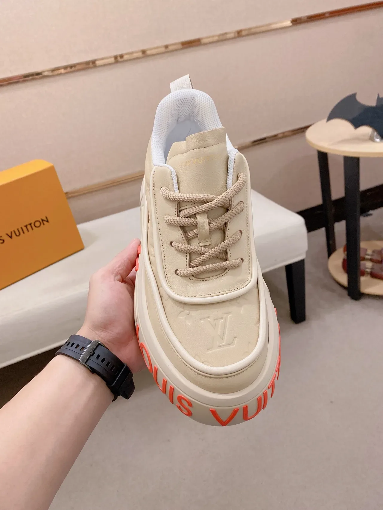 Louis Vuitton LV Trainer Beige Orange Monogram Leather Upper Sculpted Platform Sole Lifestyle Sneakers 5