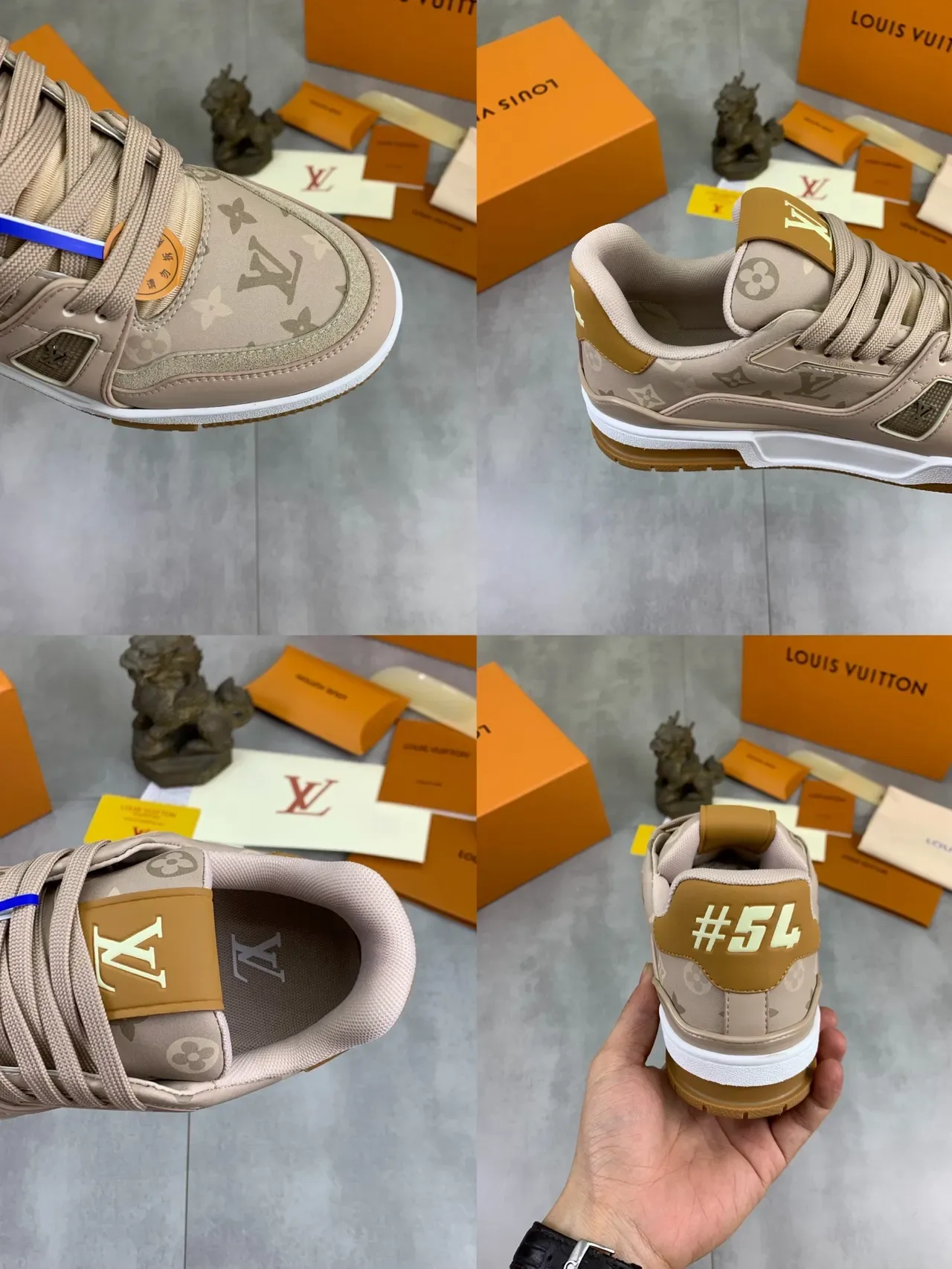 Louis Vuitton LV Trainer Beige et Blanc Monogram Canvas Supérieur Panneau Latéral Géométrique Lifestyle Sneakers 2