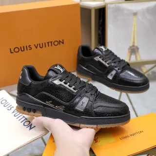 Louis Vuitton LV Trainer Preto Marrom Couro Texturizado Rachado Superior Placa Metálica Hardware Tênis Lifestyle