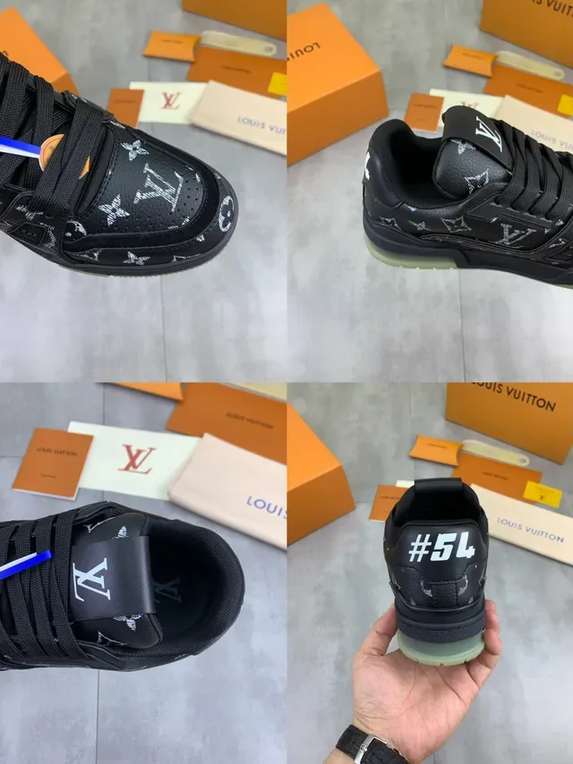 Louis Vuitton LV Trainer Tênis Pretos e Verdes Monogram Impresso em Lona Solado Intermediário com Camadas Estilo de Vida 2